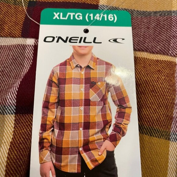O'Neill Button Down LS 100% Cotton Check Shirt Burgundy Wht Tan Gold Sz S/M NWT - Picture 8 of 12